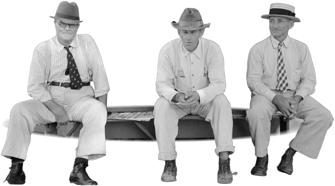 Three men on one bench in a courthouse square, each sitting apart with his hands in
his lap, none of them turned to another.